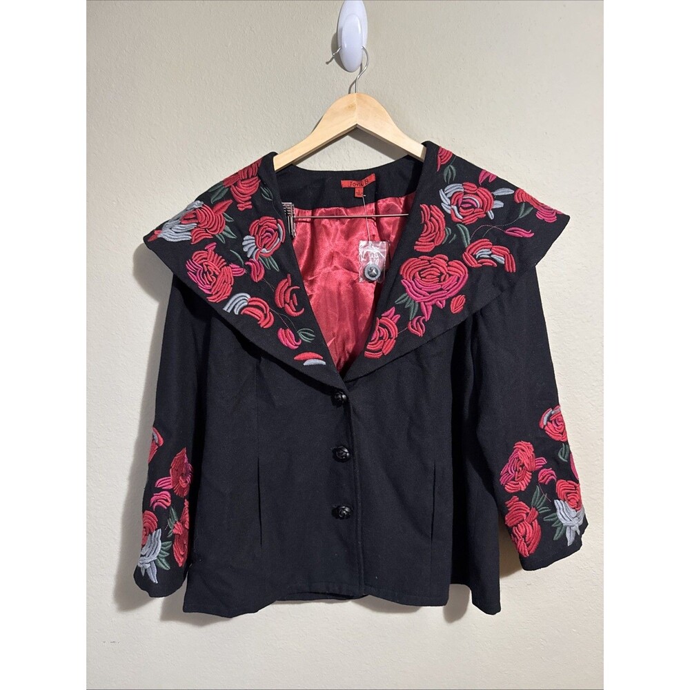Joni B Large Wool Blend Black Embroidered Rose Jacket Blazer Shawl Collar Lined